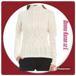 Donna Karan Embellished Cable Knit Mock Turtle Neck Wool Blend Thick Sweater